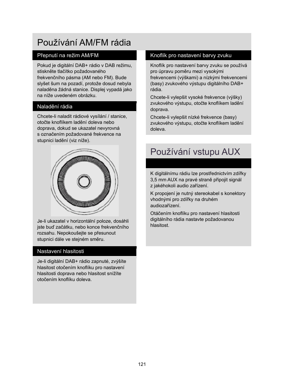 Používání am/fm rádia, Používání vstupu aux | Konig Electronic DAB+ retro radio User Manual | Page 121 / 201