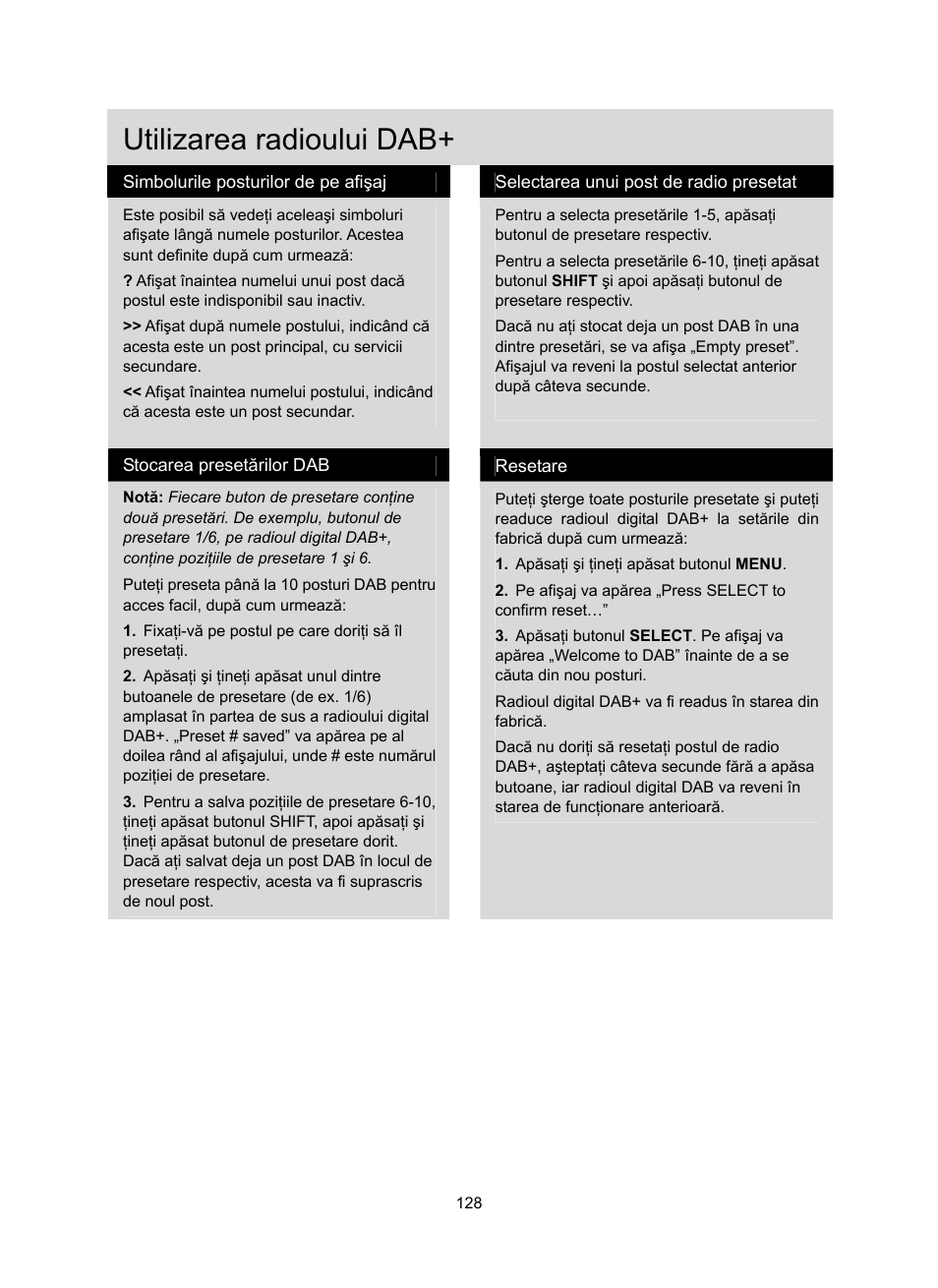 Utilizarea radioului dab | Konig Electronic DAB+ retro radio User Manual | Page 128 / 201