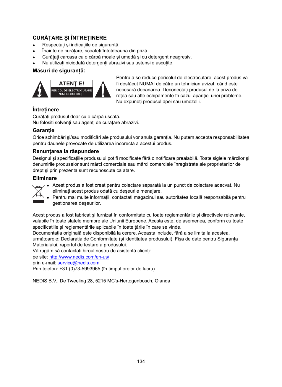 Curăţare şi întreţinere, Măsuri de siguranţă, Întreţinere | Garanţie, Renunţarea la răspundere, Eliminare | Konig Electronic DAB+ retro radio User Manual | Page 134 / 201