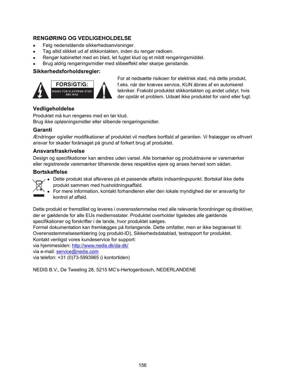 Rengøring og vedligeholdelse, Sikkerhedsforholdsregler, Vedligeholdelse | Garanti, Ansvarsfraskrivelse, Bortskaffelse | Konig Electronic DAB+ retro radio User Manual | Page 156 / 201