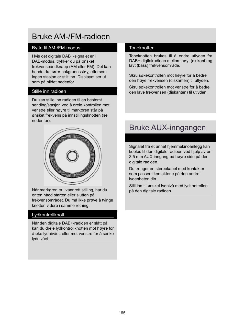 Bruke am-/fm-radioen, Bruke aux-inngangen | Konig Electronic DAB+ retro radio User Manual | Page 165 / 201