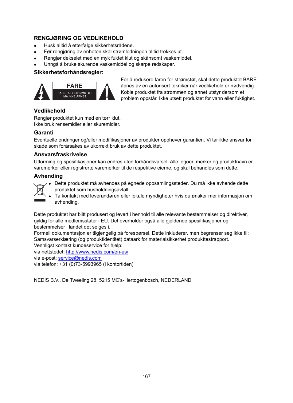 Rengjøring og vedlikehold, Sikkerhetsforhåndsregler, Vedlikehold | Garanti, Ansvarsfraskrivelse, Avhending | Konig Electronic DAB+ retro radio User Manual | Page 167 / 201