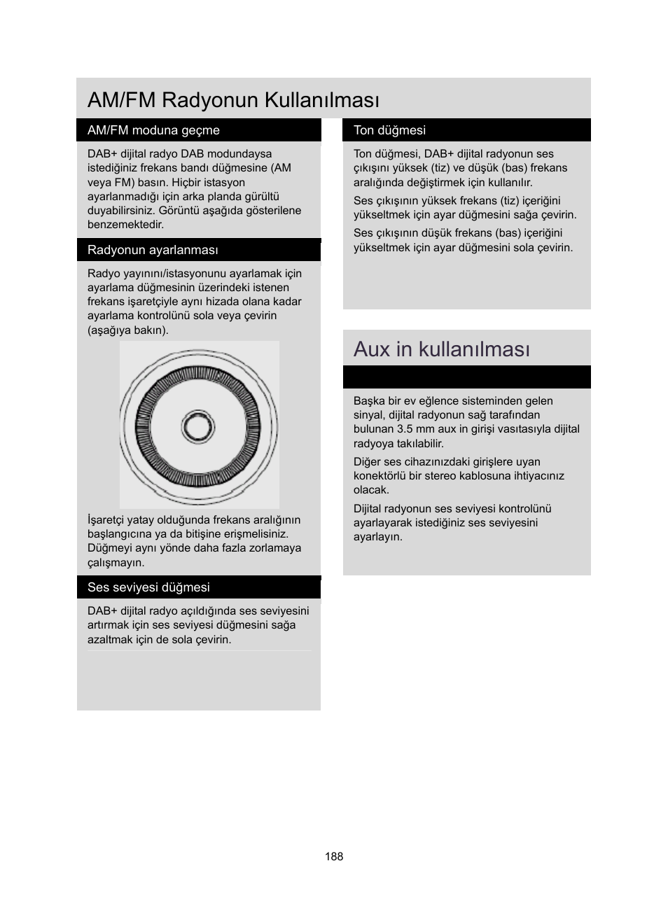 Am/fm radyonun kullanılması, Aux in kullanılması | Konig Electronic DAB+ retro radio User Manual | Page 188 / 201