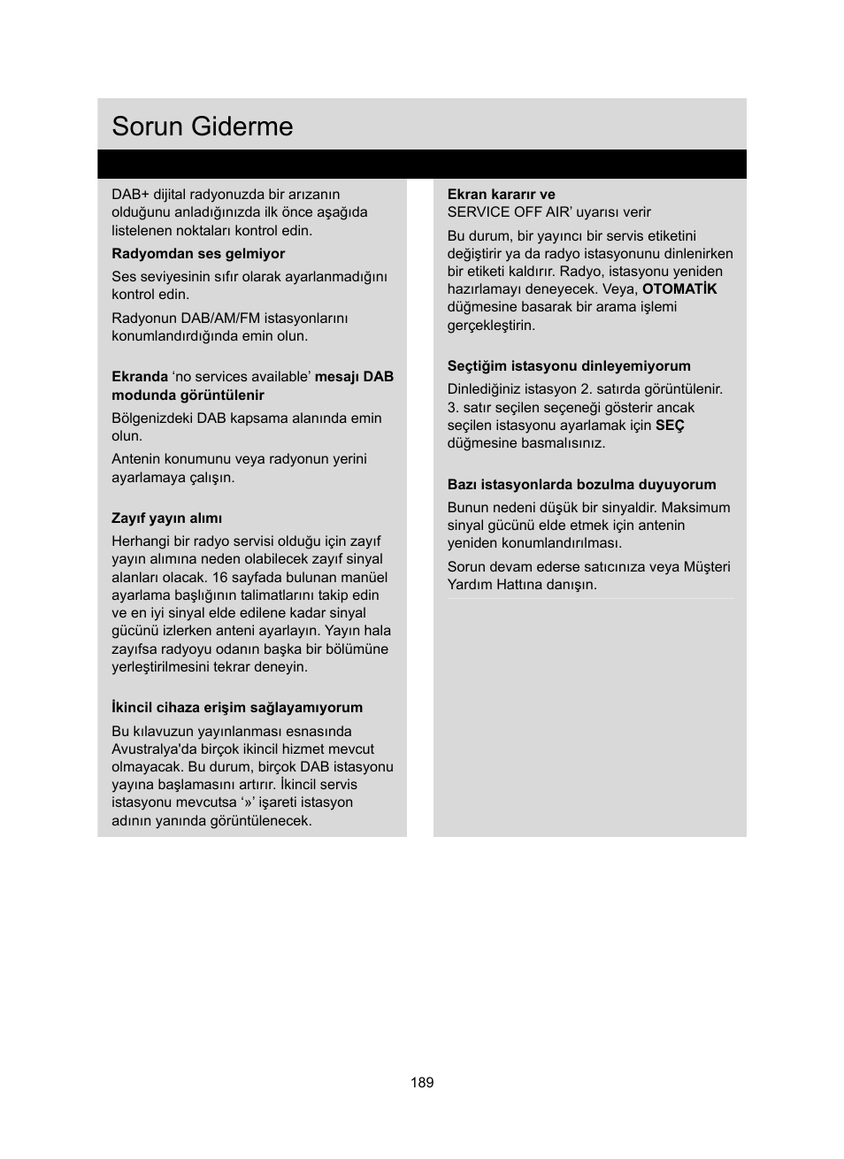 Sorun giderme | Konig Electronic DAB+ retro radio User Manual | Page 189 / 201