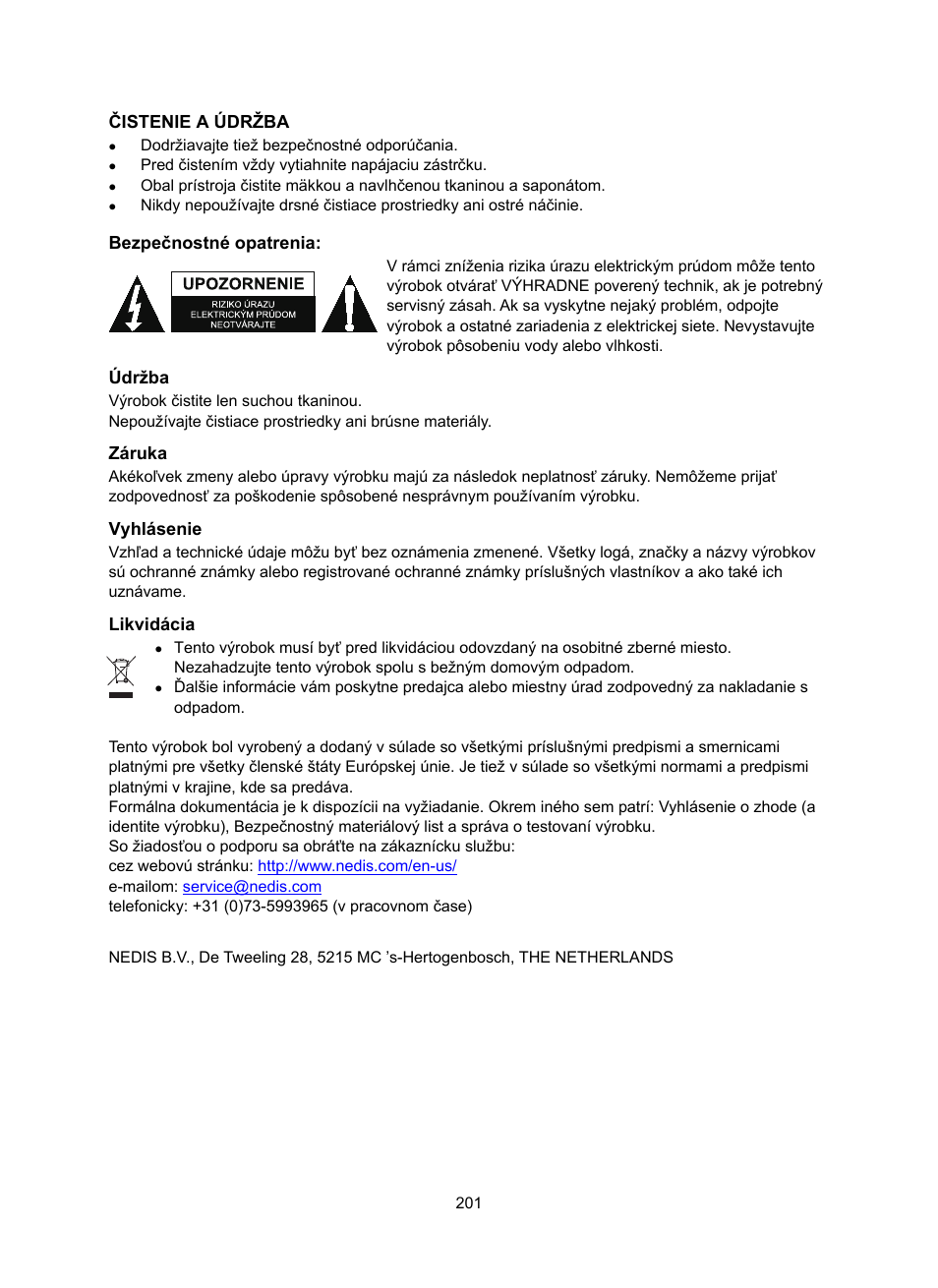 Čistenie a údržba, Bezpečnostné opatrenia, Údržba | Záruka, Vyhlásenie, Likvidácia | Konig Electronic DAB+ retro radio User Manual | Page 201 / 201