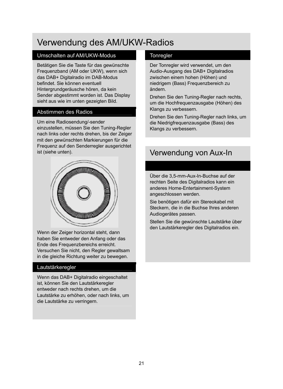 Verwendung des am/ukw-radios, Verwendung von aux-in | Konig Electronic DAB+ retro radio User Manual | Page 21 / 201