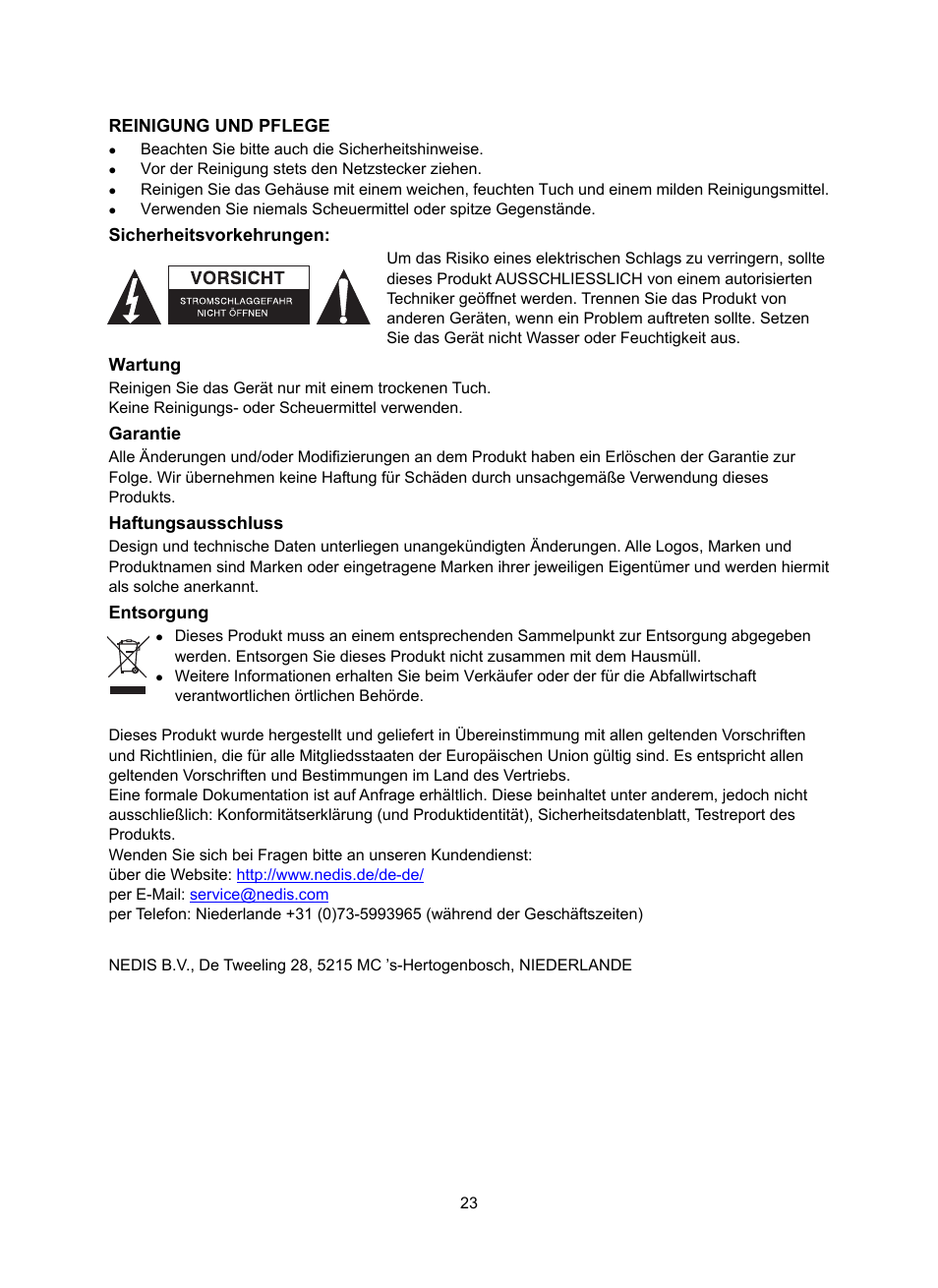 Reinigung und pflege, Sicherheitsvorkehrungen, Wartung | Garantie, Haftungsausschluss, Entsorgung | Konig Electronic DAB+ retro radio User Manual | Page 23 / 201