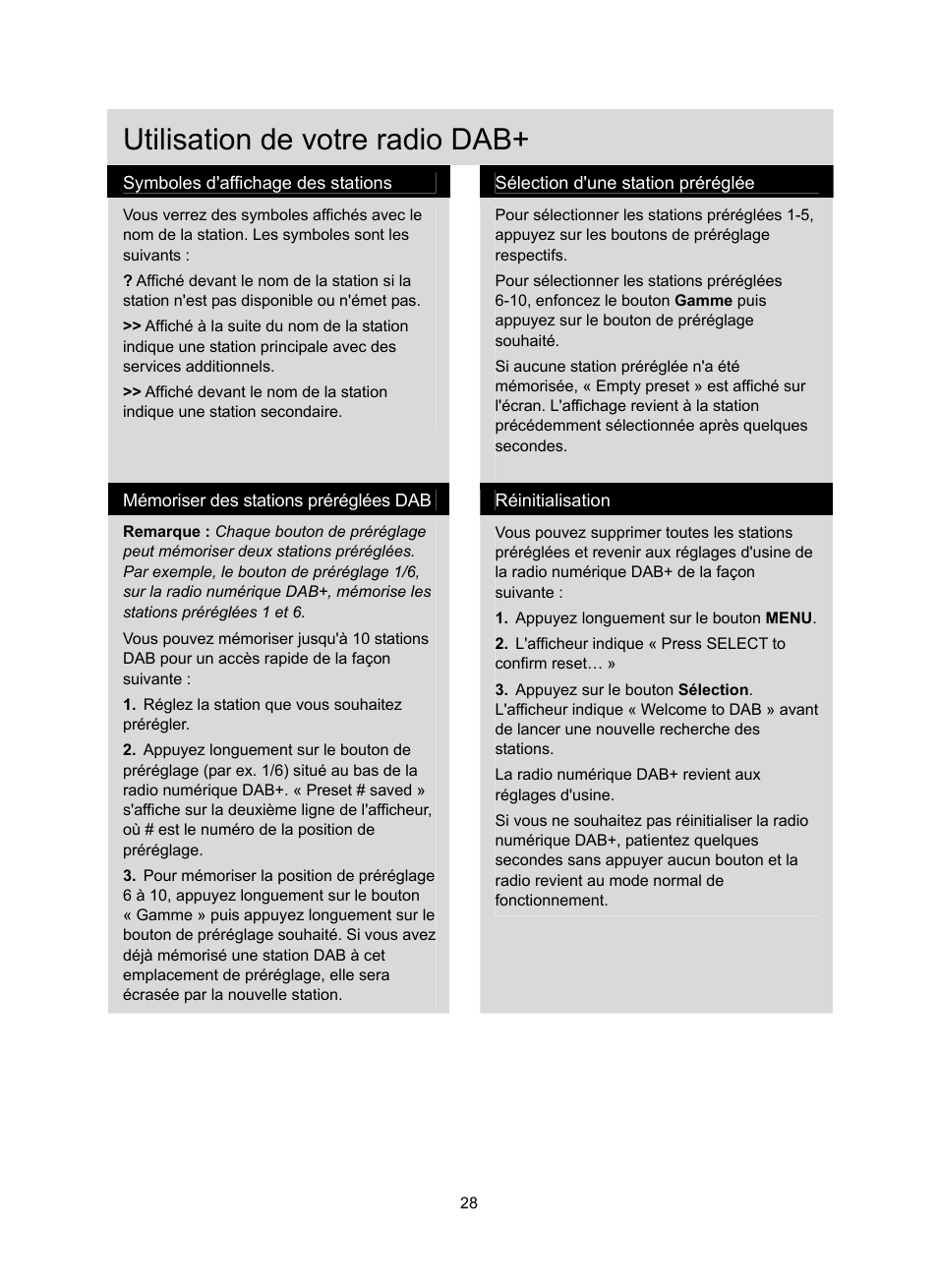 Utilisation de votre radio dab | Konig Electronic DAB+ retro radio User Manual | Page 28 / 201