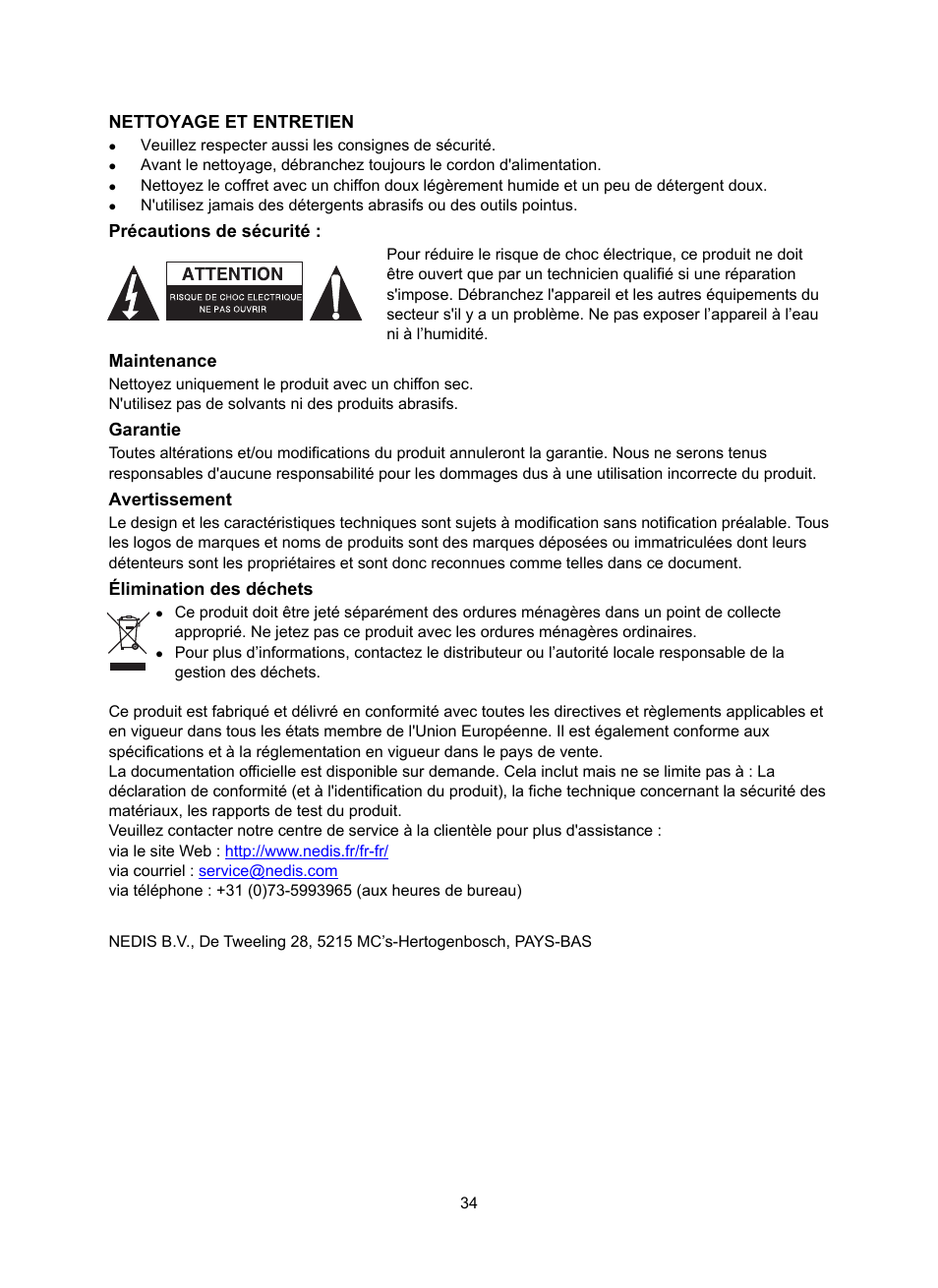 Nettoyage et entretien, Précautions de sécurité, Maintenance | Garantie, Avertissement, Élimination des déchets | Konig Electronic DAB+ retro radio User Manual | Page 34 / 201