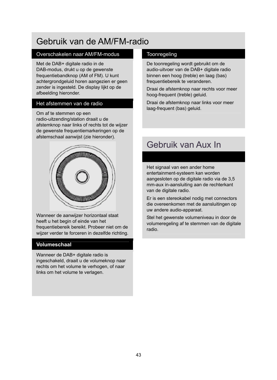 Gebruik van de am/fm-radio, Gebruik van aux in | Konig Electronic DAB+ retro radio User Manual | Page 43 / 201