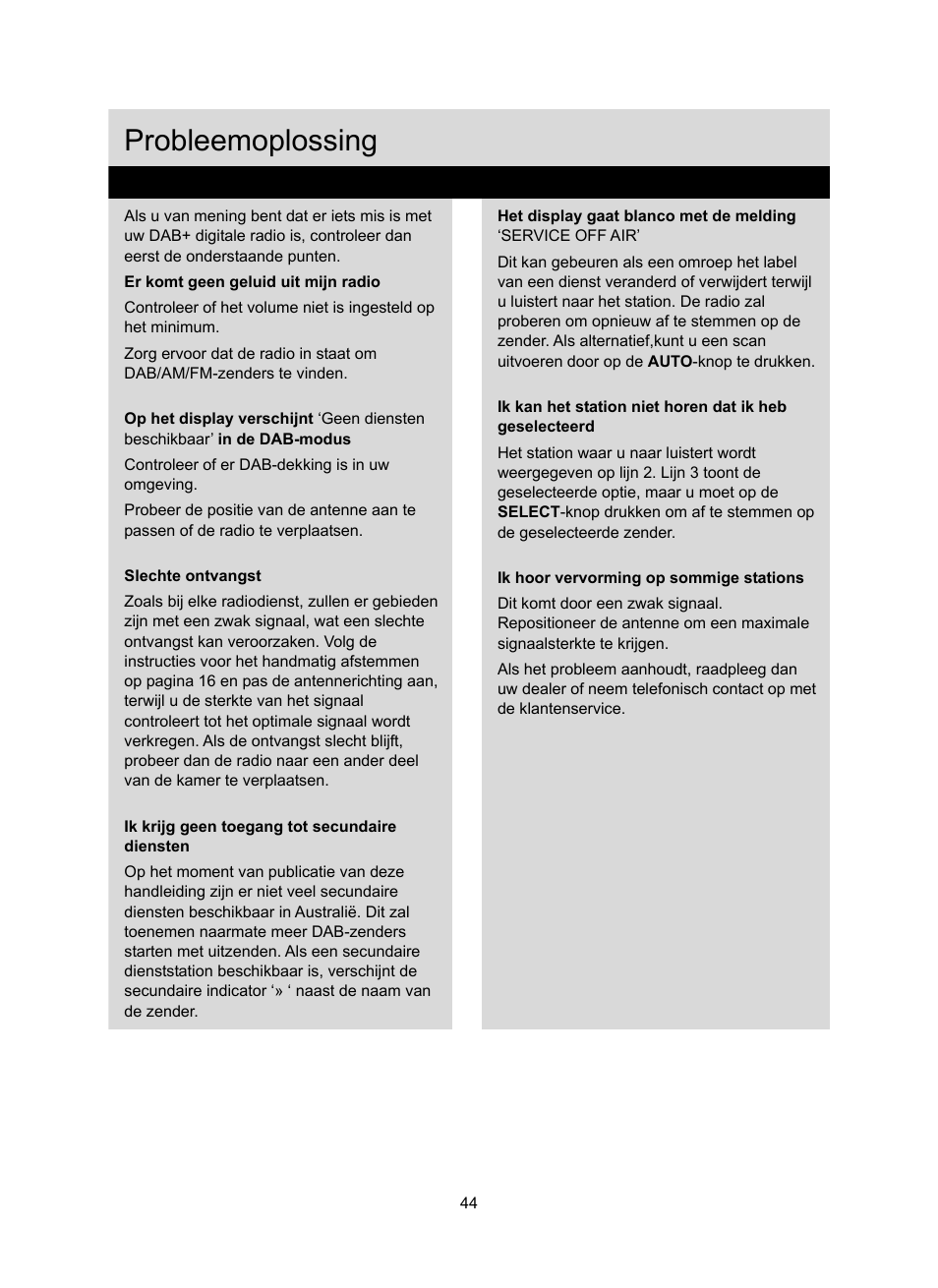 Probleemoplossing | Konig Electronic DAB+ retro radio User Manual | Page 44 / 201