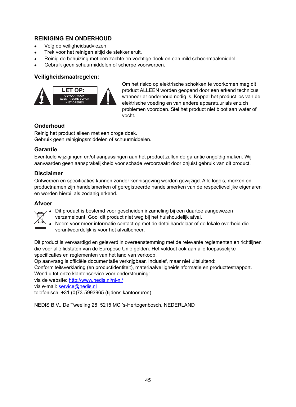 Reiniging en onderhoud, Veiligheidsmaatregelen, Onderhoud | Garantie, Disclaimer, Afvoer | Konig Electronic DAB+ retro radio User Manual | Page 45 / 201