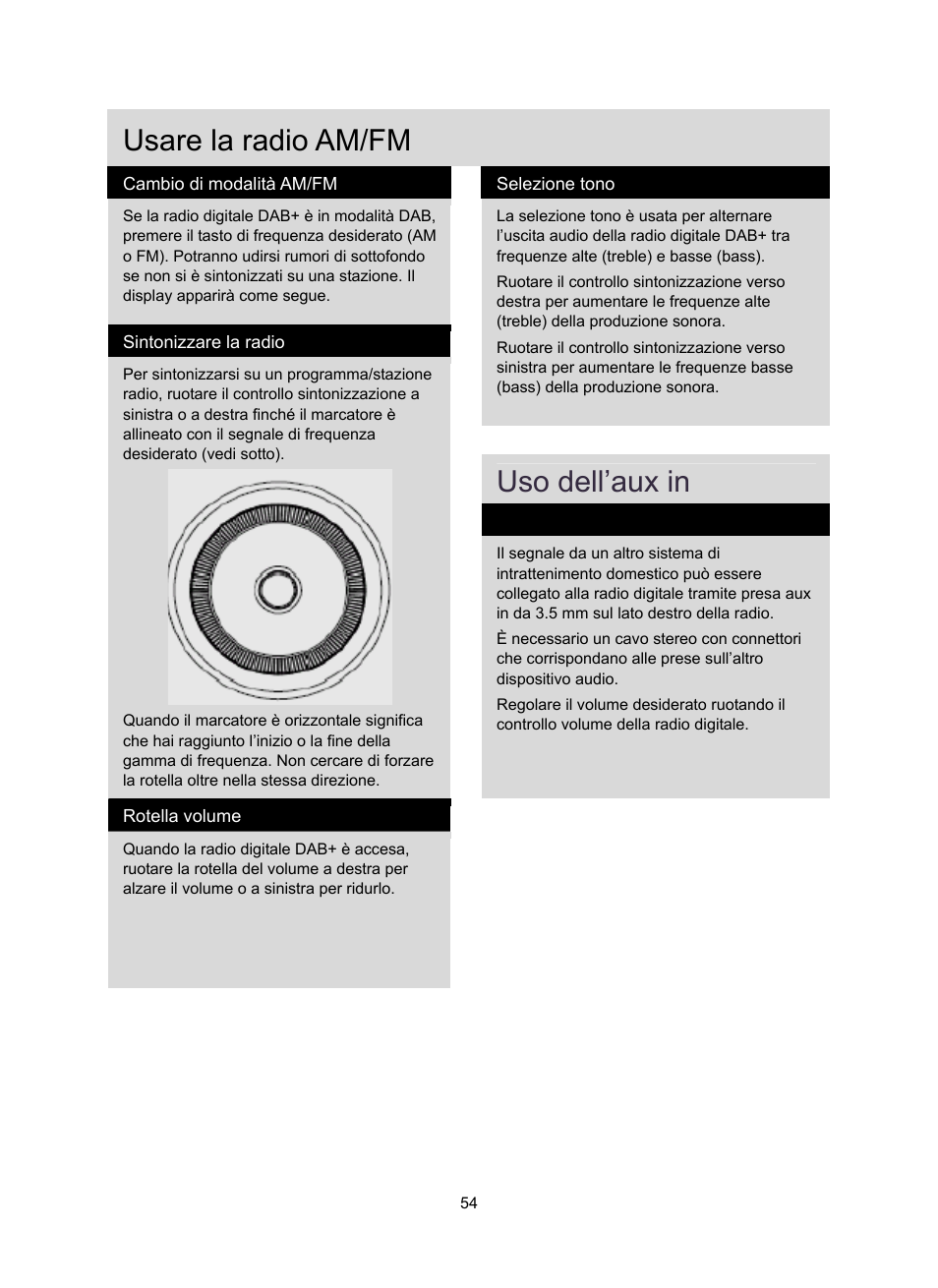 Usare la radio am/fm, Uso dell’aux in | Konig Electronic DAB+ retro radio User Manual | Page 54 / 201