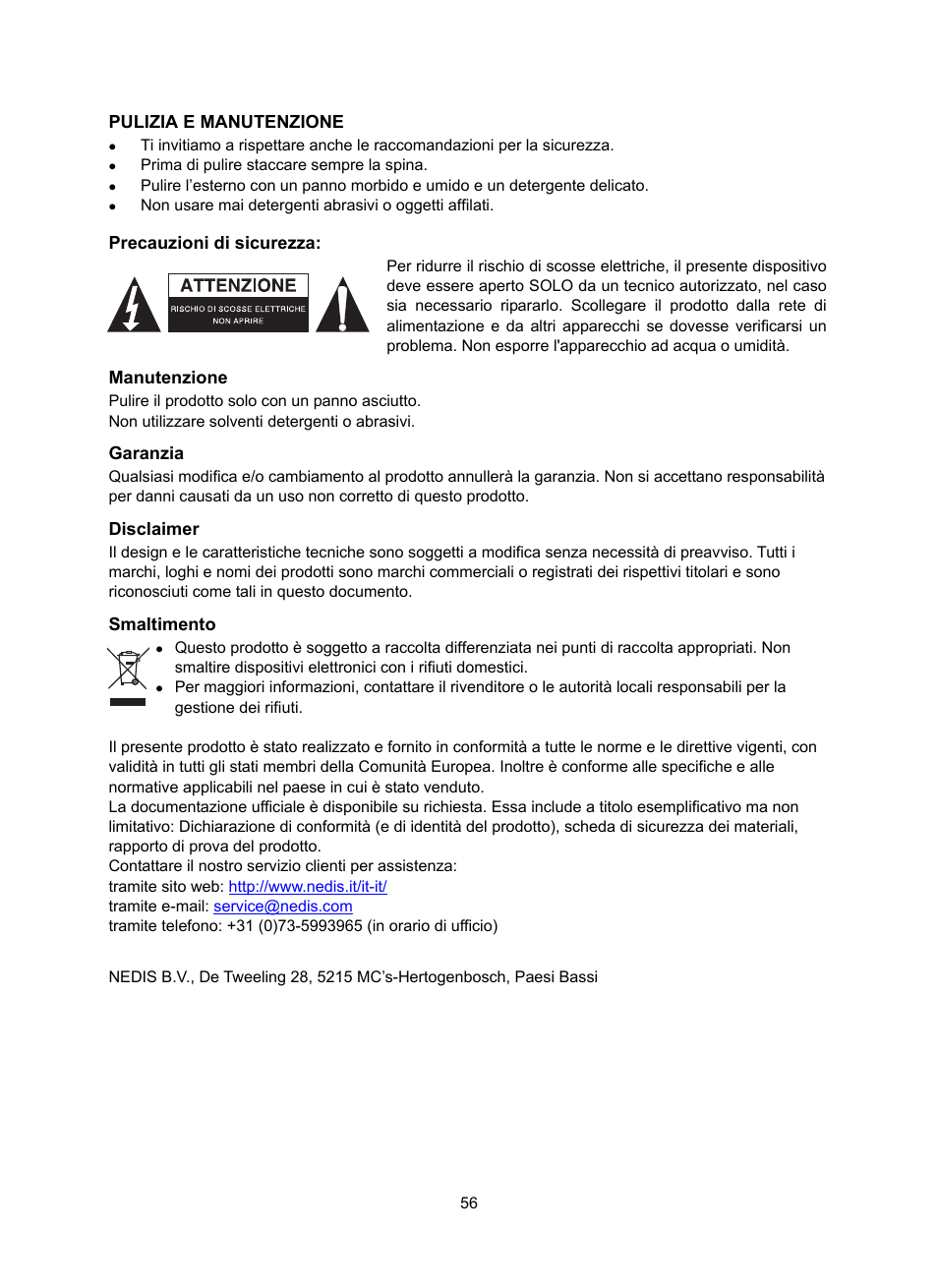 Pulizia e manutenzione, Precauzioni di sicurezza, Manutenzione | Garanzia, Disclaimer, Smaltimento | Konig Electronic DAB+ retro radio User Manual | Page 56 / 201