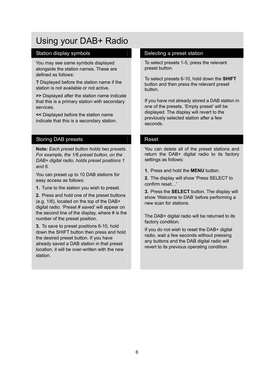 Using your dab+ radio | Konig Electronic DAB+ retro radio User Manual | Page 6 / 201