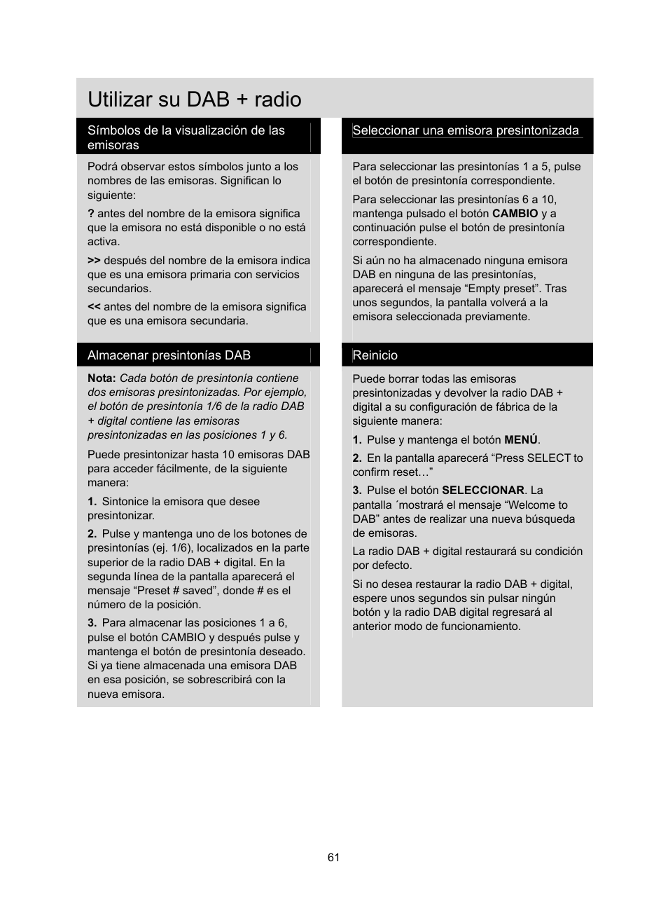 Utilizar su dab + radio | Konig Electronic DAB+ retro radio User Manual | Page 61 / 201
