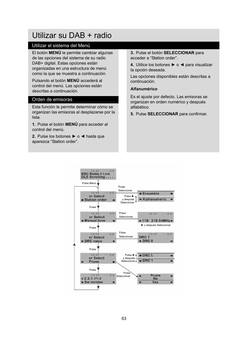 Utilizar su dab + radio, Utilizar el sistema del menú, Orden de emisoras | Konig Electronic DAB+ retro radio User Manual | Page 63 / 201