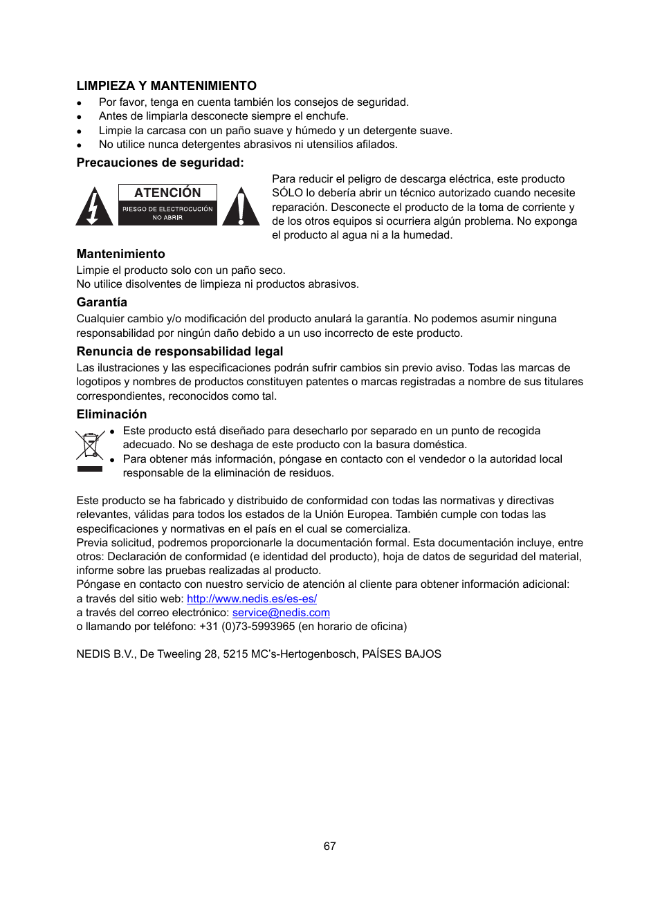 Limpieza y mantenimiento, Precauciones de seguridad, Mantenimiento | Garantía, Renuncia de responsabilidad legal, Eliminación | Konig Electronic DAB+ retro radio User Manual | Page 67 / 201