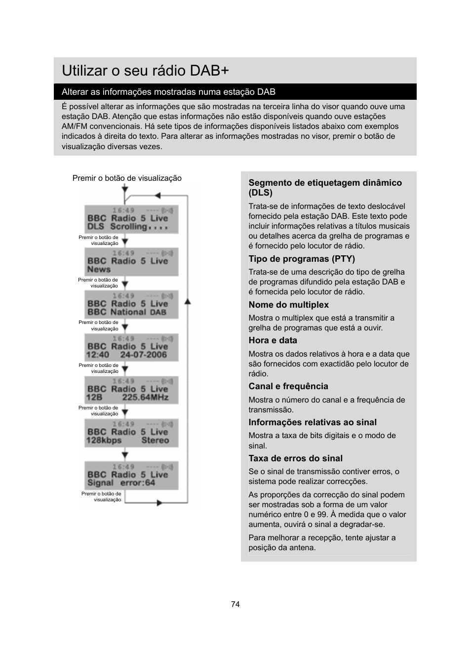 Utilizar o seu rádio dab, Alterar as informações mostradas numa estação dab, Segmento de etiquetagem dinâmico (dls) | Tipo de programas (pty), Nome do multiplex, Hora e data, Canal e frequência, Informações relativas ao sinal, Taxa de erros do sinal | Konig Electronic DAB+ retro radio User Manual | Page 74 / 201