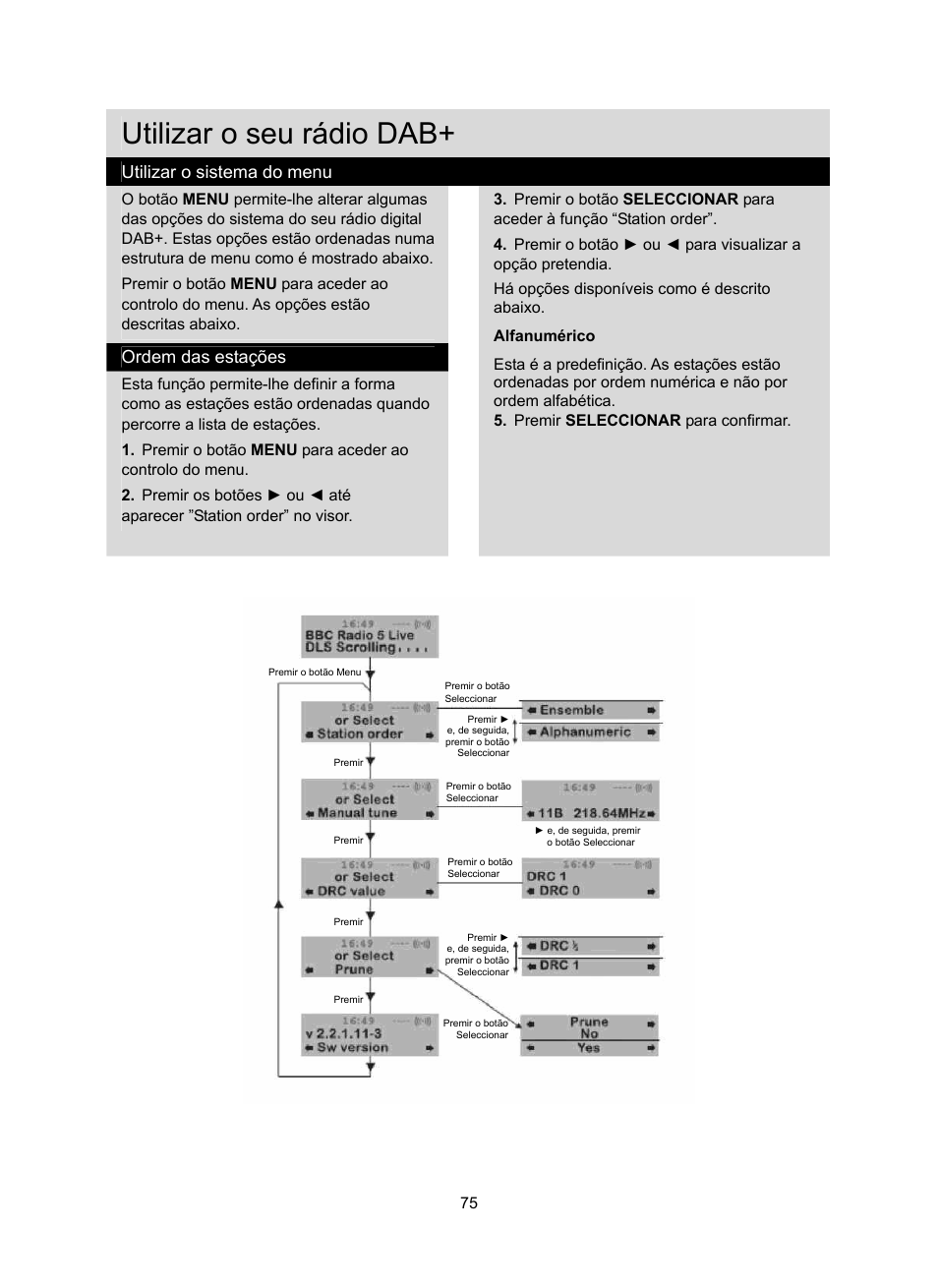 Utilizar o seu rádio dab, Utilizar o sistema do menu, Ordem das estações | Konig Electronic DAB+ retro radio User Manual | Page 75 / 201