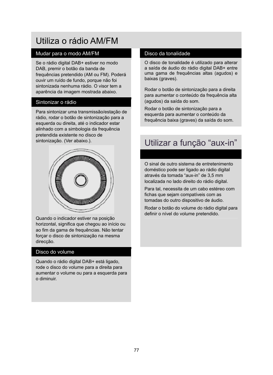 Utiliza o rádio am/fm, Utilizar a função “aux-in | Konig Electronic DAB+ retro radio User Manual | Page 77 / 201