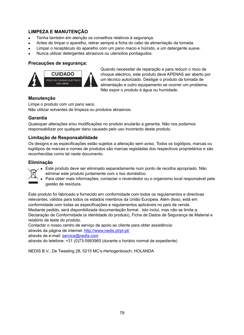 Cuidado, Limpeza e manutenção, Precauções de segurança | Manutenção, Garantia, Limitação de responsabilidade, Eliminação | Konig Electronic DAB+ retro radio User Manual | Page 79 / 201