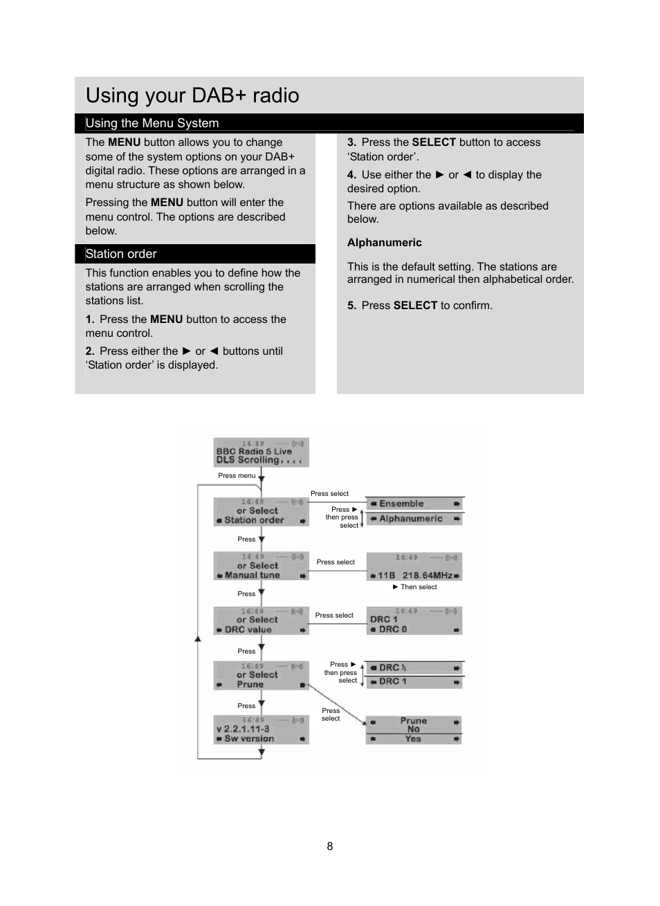 Using your dab+ radio, Using the menu system, Station order | Konig Electronic DAB+ retro radio User Manual | Page 8 / 201