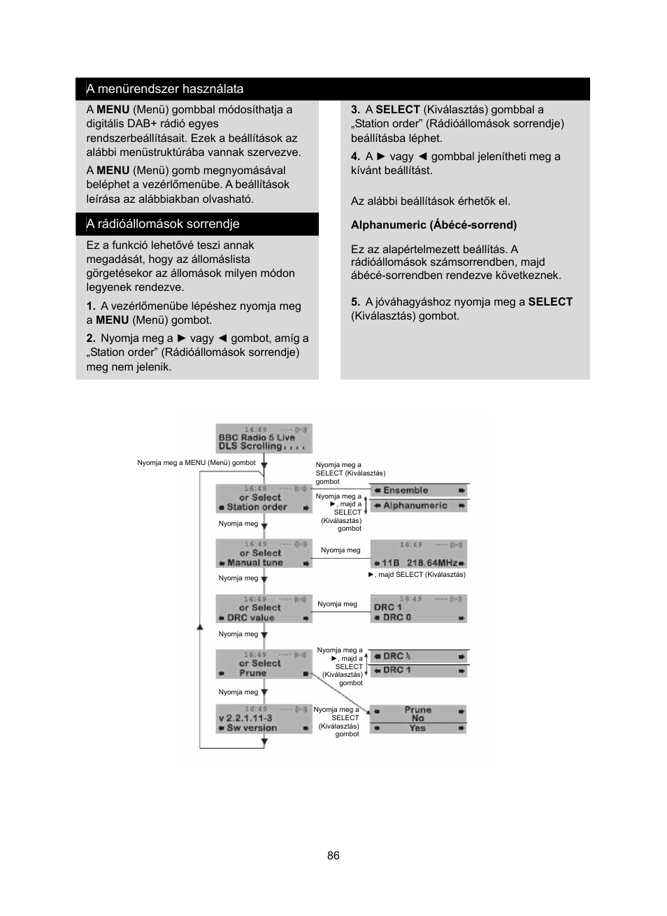 A menürendszer használata, A rádióállomások sorrendje | Konig Electronic DAB+ retro radio User Manual | Page 86 / 201