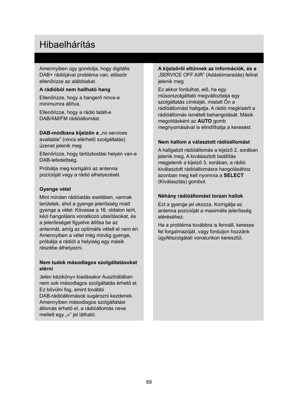 Hibaelhárítás | Konig Electronic DAB+ retro radio User Manual | Page 89 / 201