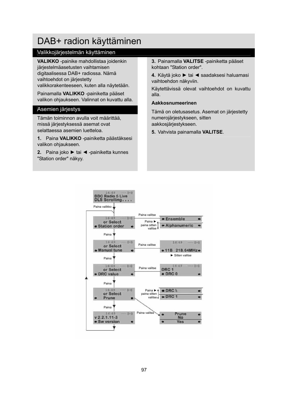 Dab+ radion käyttäminen, Valikkojärjestelmän käyttäminen, Asemien järjestys | Konig Electronic DAB+ retro radio User Manual | Page 97 / 201