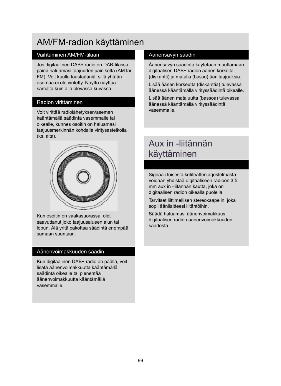 Am/fm-radion käyttäminen, Aux in -liitännän käyttäminen | Konig Electronic DAB+ retro radio User Manual | Page 99 / 201