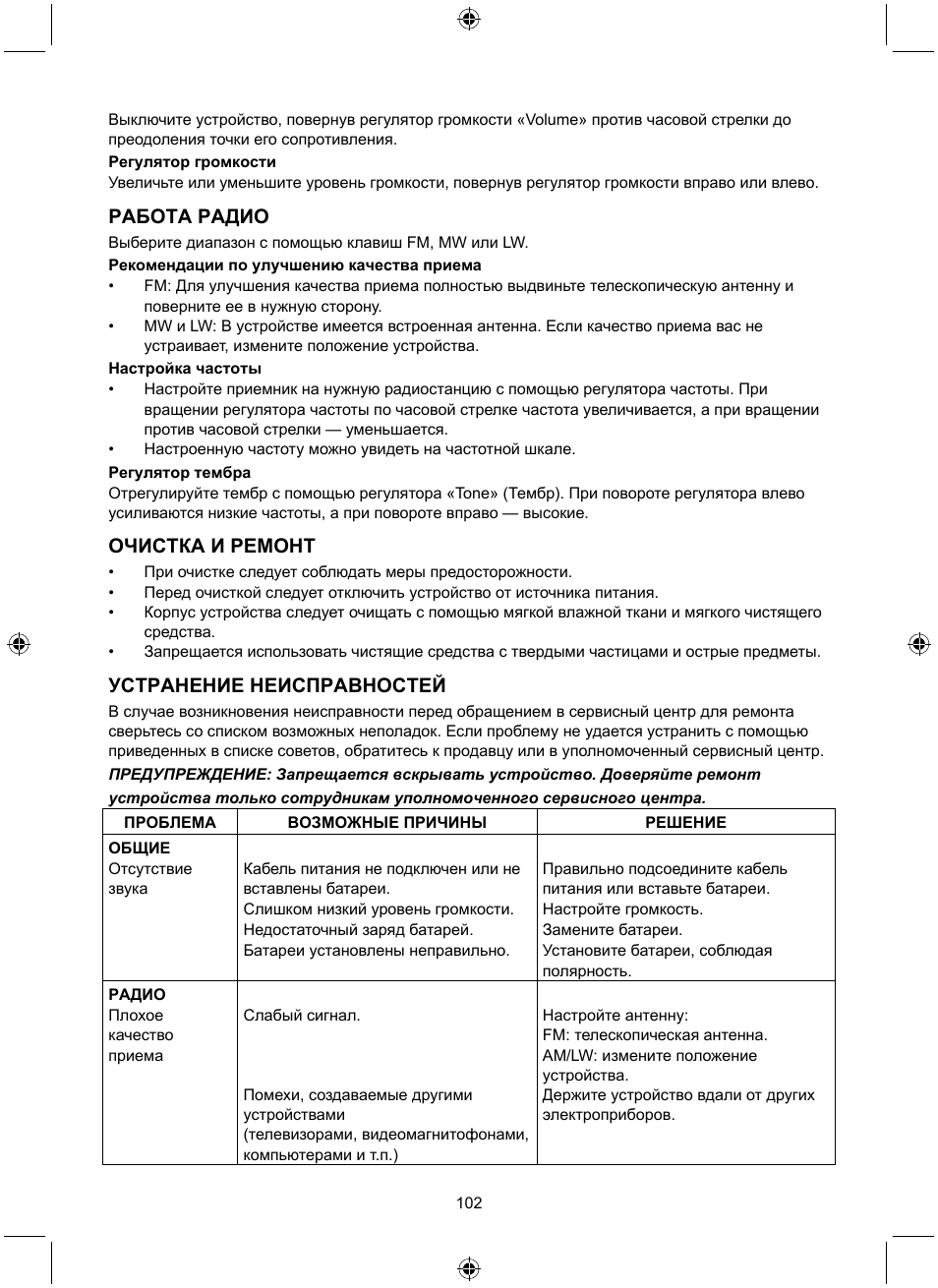 Работа радио, Очистка и ремонт, Устранение неисправностей | Konig Electronic Retro design AM/FM radio ivory User Manual | Page 102 / 116