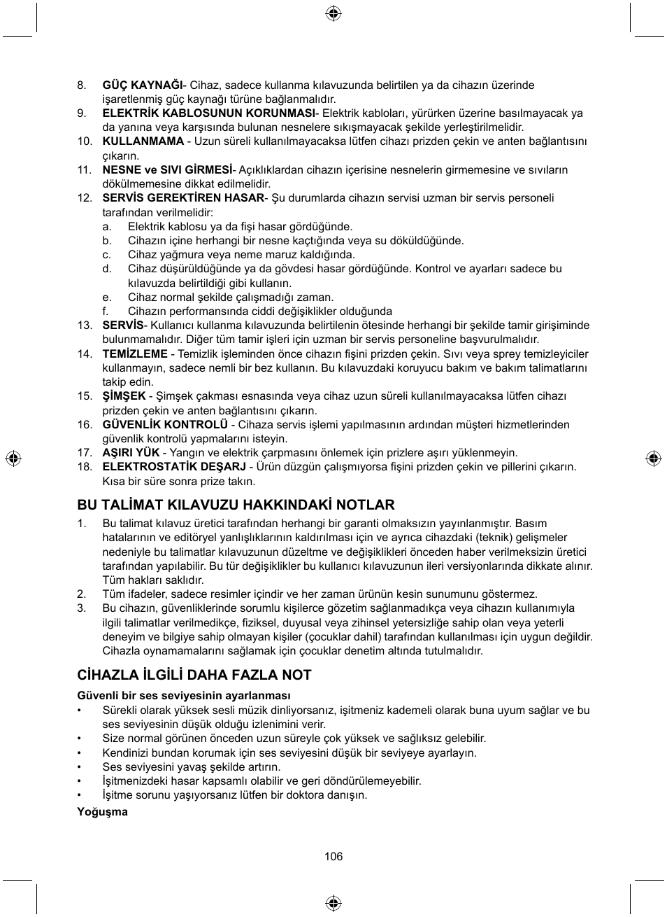 Bu talimat kilavuzu hakkindaki notlar, Cihazla ilgili daha fazla not | Konig Electronic Retro design AM/FM radio ivory User Manual | Page 106 / 116