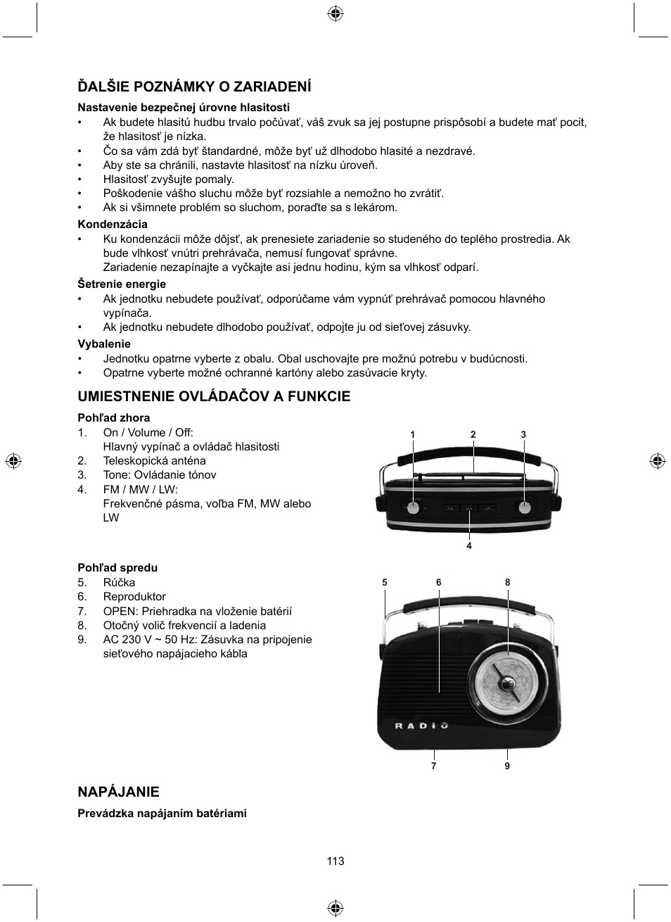 Ďalšie poznámky o zariadení, Umiestnenie ovládačov a funkcie, Napájanie | Konig Electronic Retro design AM/FM radio ivory User Manual | Page 113 / 116