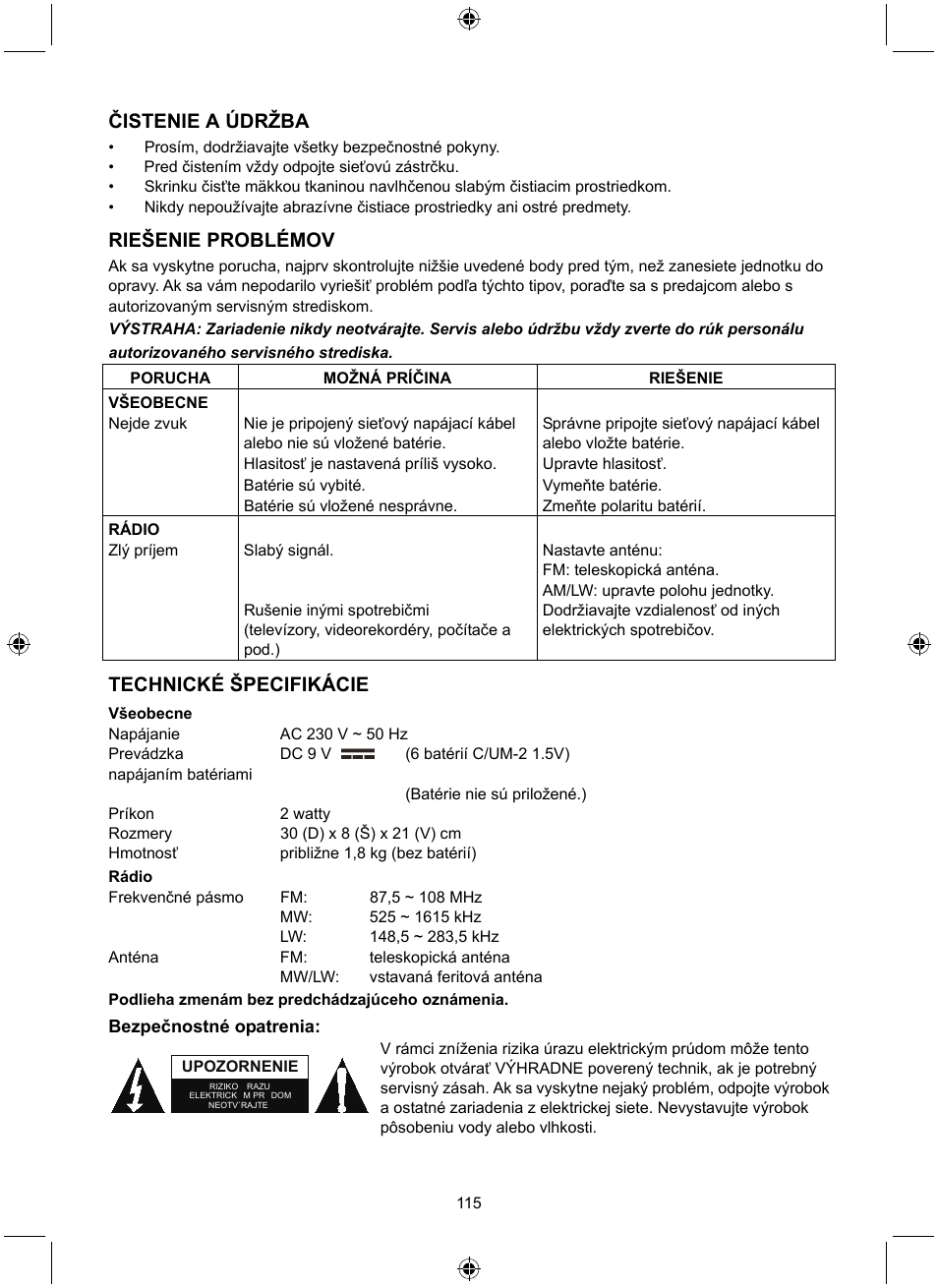 Čistenie a údržba, Riešenie problémov, Technické špecifikácie | Konig Electronic Retro design AM/FM radio ivory User Manual | Page 115 / 116