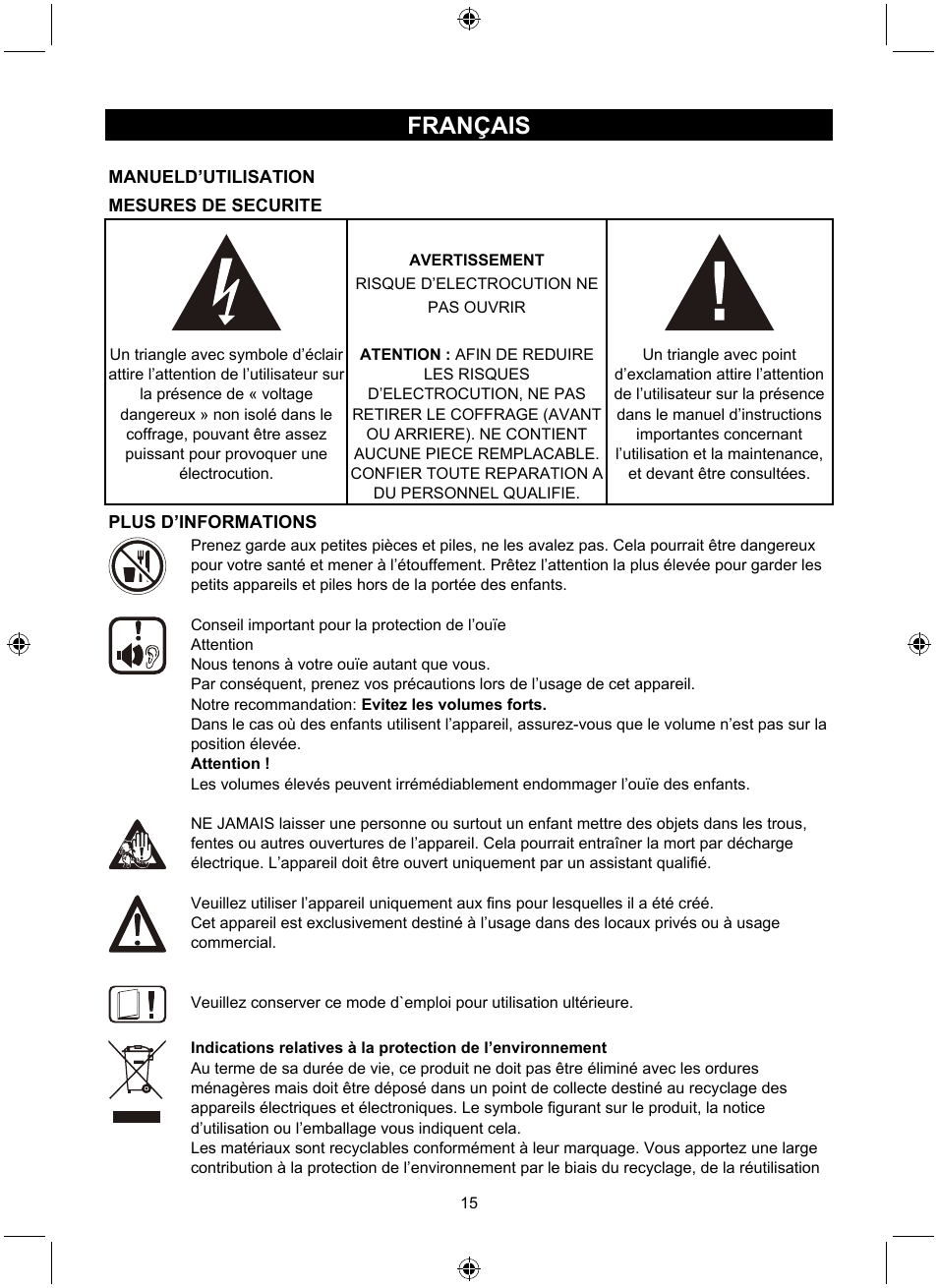 Français | Konig Electronic Retro design AM/FM radio ivory User Manual | Page 15 / 116