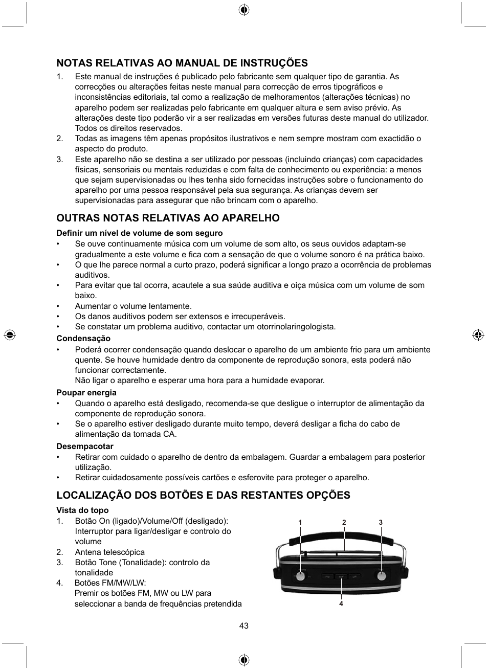 Notas relativas ao manual de instruções, Outras notas relativas ao aparelho, Localização dos botões e das restantes opções | Konig Electronic Retro design AM/FM radio ivory User Manual | Page 43 / 116