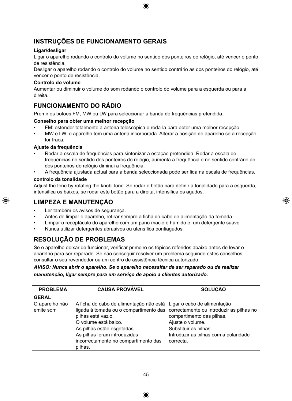 Instruções de funcionamento gerais, Funcionamento do rádio, Limpeza e manutenção | Resolução de problemas | Konig Electronic Retro design AM/FM radio ivory User Manual | Page 45 / 116