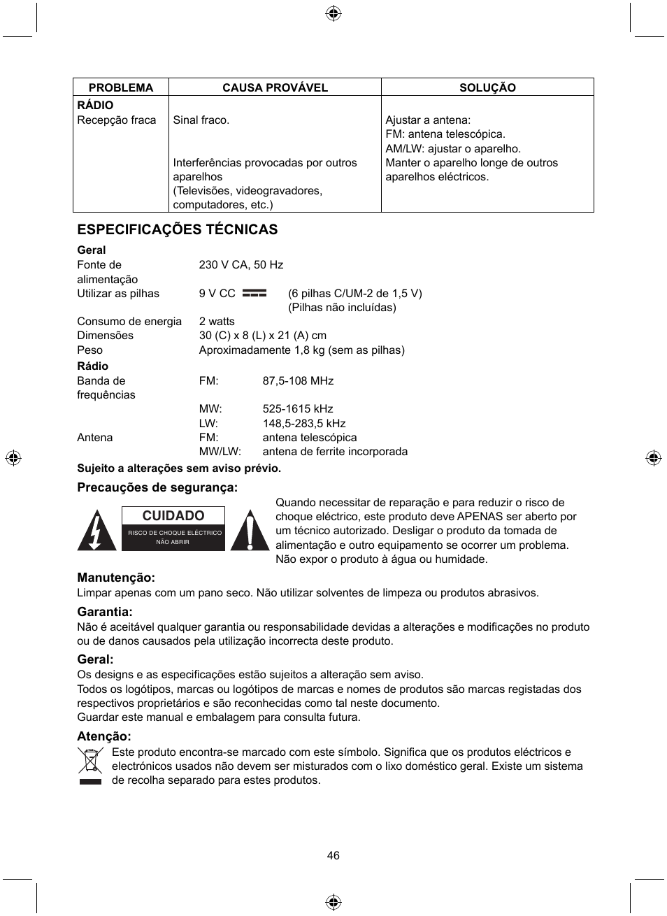 Especificações técnicas | Konig Electronic Retro design AM/FM radio ivory User Manual | Page 46 / 116