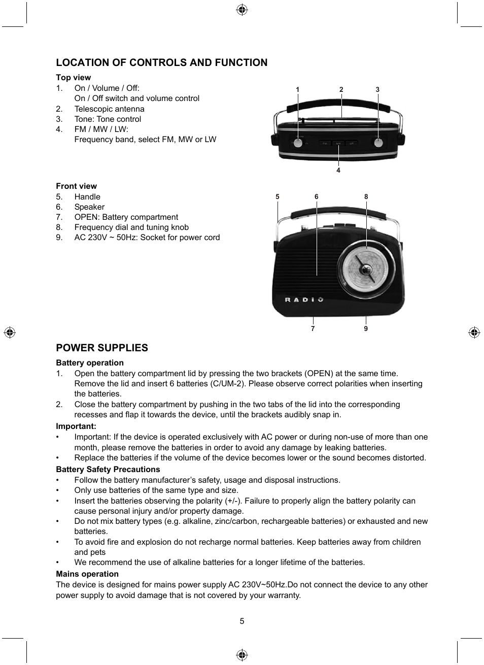 Location of controls and function, Power supplies | Konig Electronic Retro design AM/FM radio ivory User Manual | Page 5 / 116