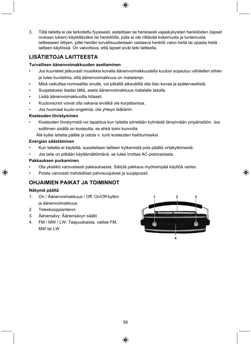 Lisätietoja laitteesta, Ohjaimien paikat ja toiminnot | Konig Electronic Retro design AM/FM radio ivory User Manual | Page 56 / 116