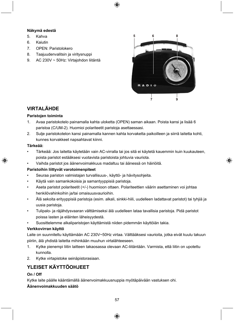 Virtalähde, Yleiset käyttöohjeet | Konig Electronic Retro design AM/FM radio ivory User Manual | Page 57 / 116