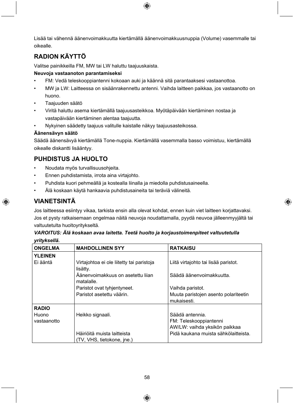 Radion käyttö, Puhdistus ja huolto, Vianetsintä | Konig Electronic Retro design AM/FM radio ivory User Manual | Page 58 / 116