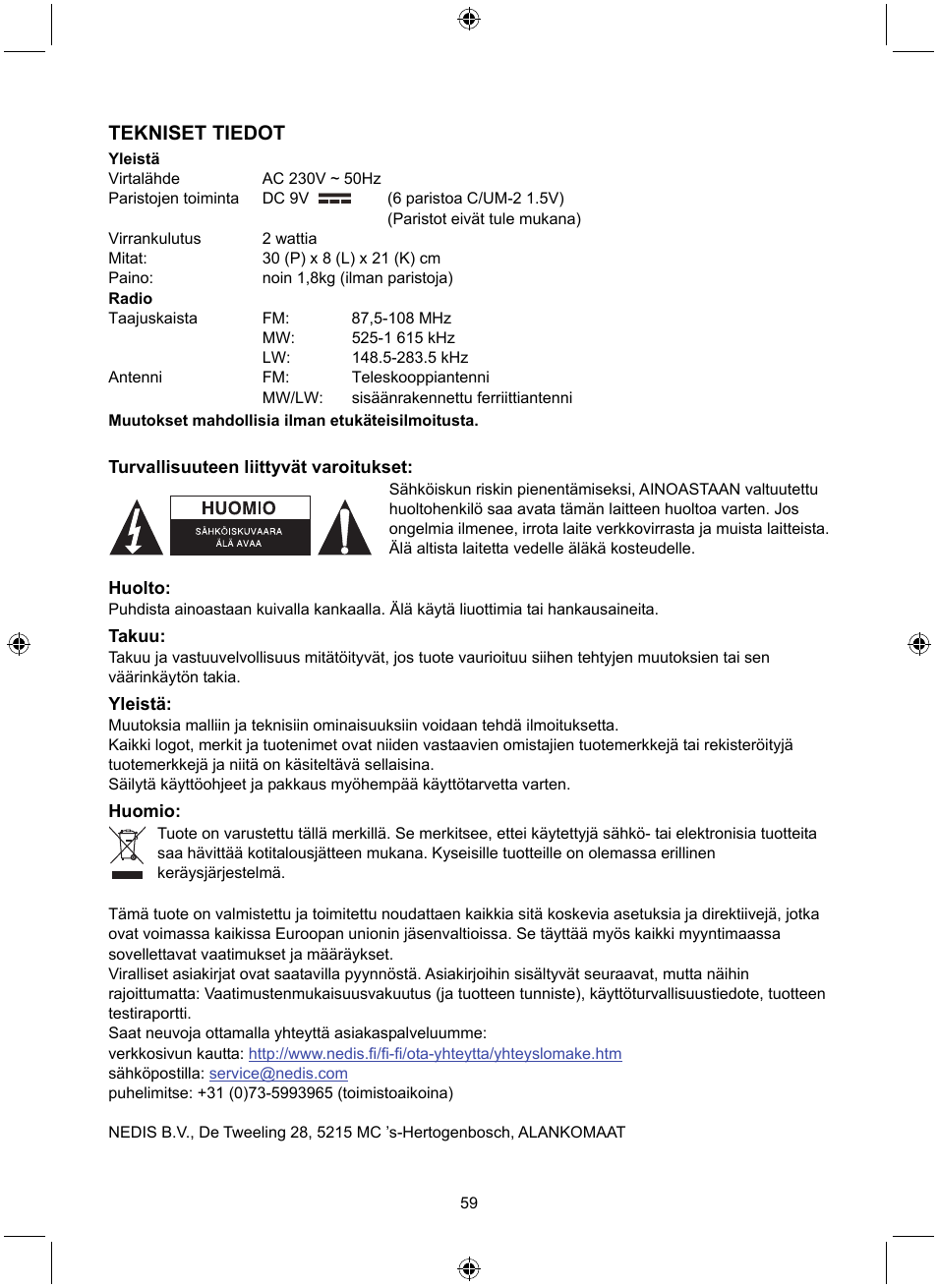 Tekniset tiedot | Konig Electronic Retro design AM/FM radio ivory User Manual | Page 59 / 116