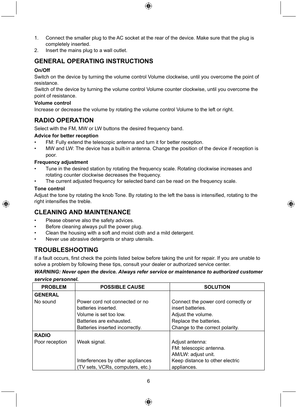 General operating instructions, Radio operation, Cleaning and maintenance | Troubleshooting | Konig Electronic Retro design AM/FM radio ivory User Manual | Page 6 / 116