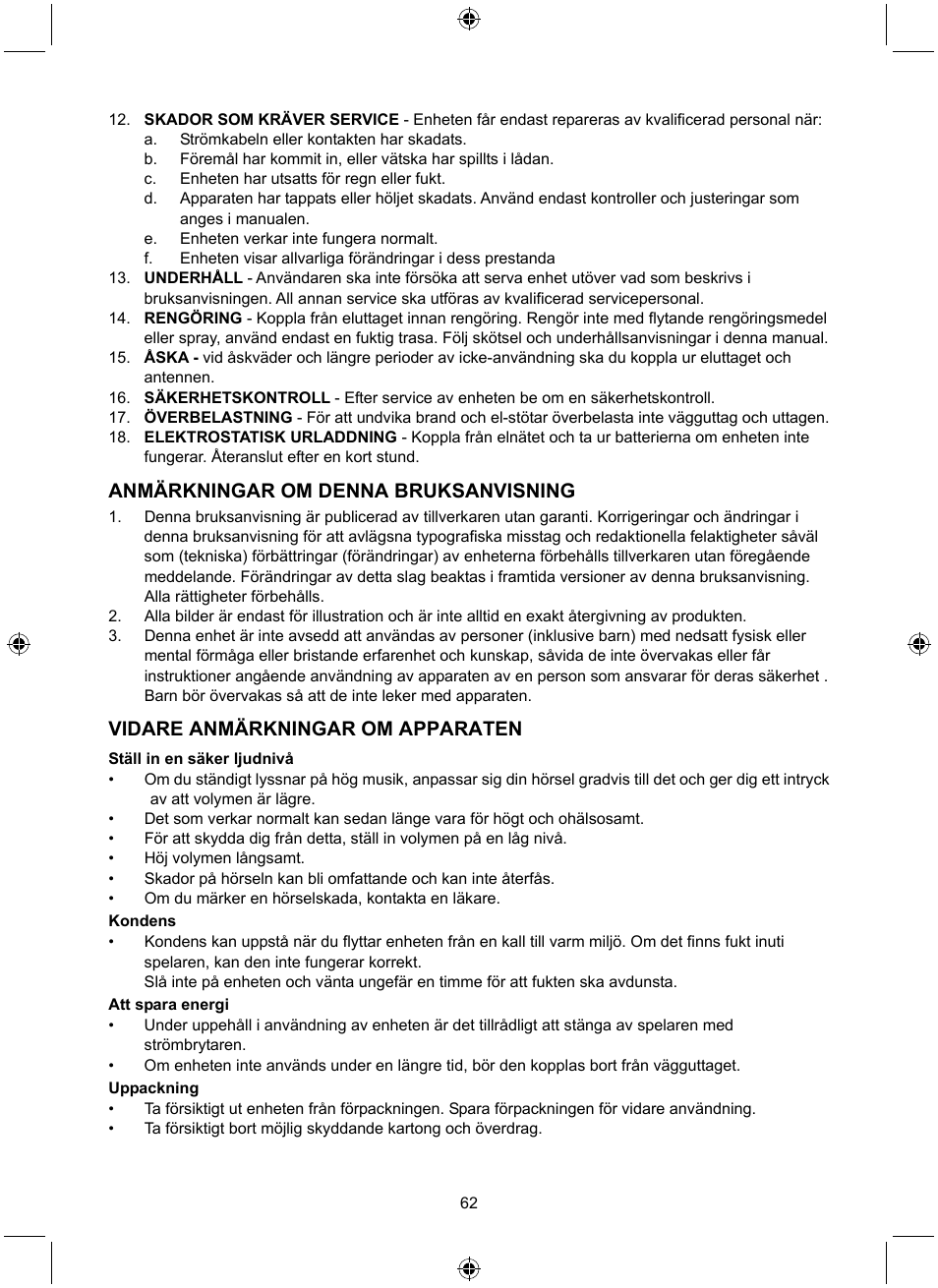 Anmärkningar om denna bruksanvisning, Vidare anmärkningar om apparaten | Konig Electronic Retro design AM/FM radio ivory User Manual | Page 62 / 116