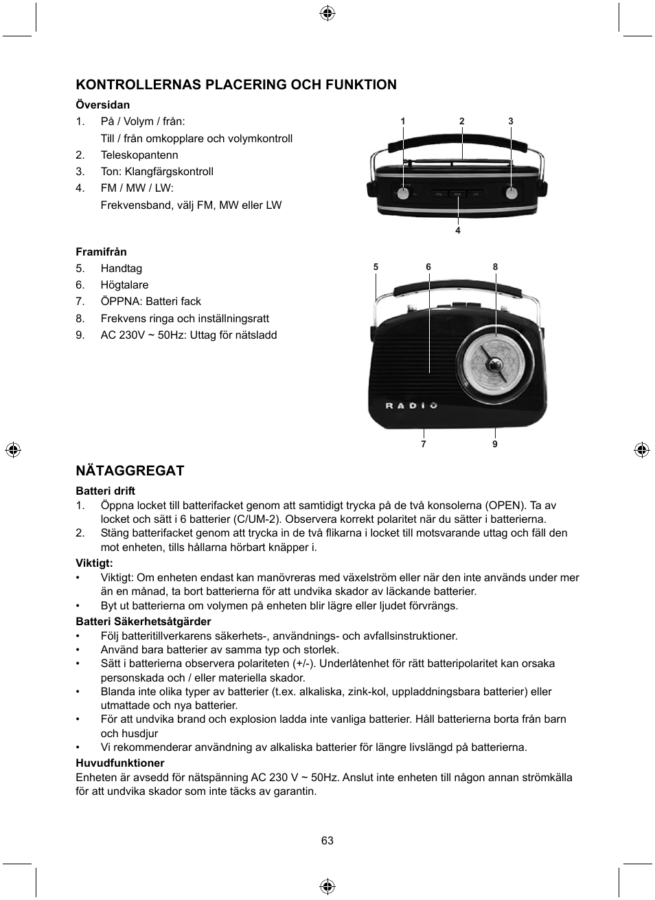 Kontrollernas placering och funktion, Nätaggregat | Konig Electronic Retro design AM/FM radio ivory User Manual | Page 63 / 116