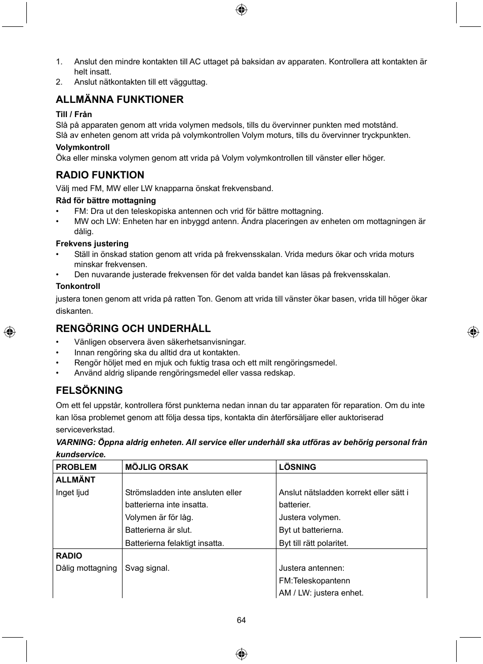 Allmänna funktioner, Radio funktion, Rengöring och underhåll | Felsökning | Konig Electronic Retro design AM/FM radio ivory User Manual | Page 64 / 116