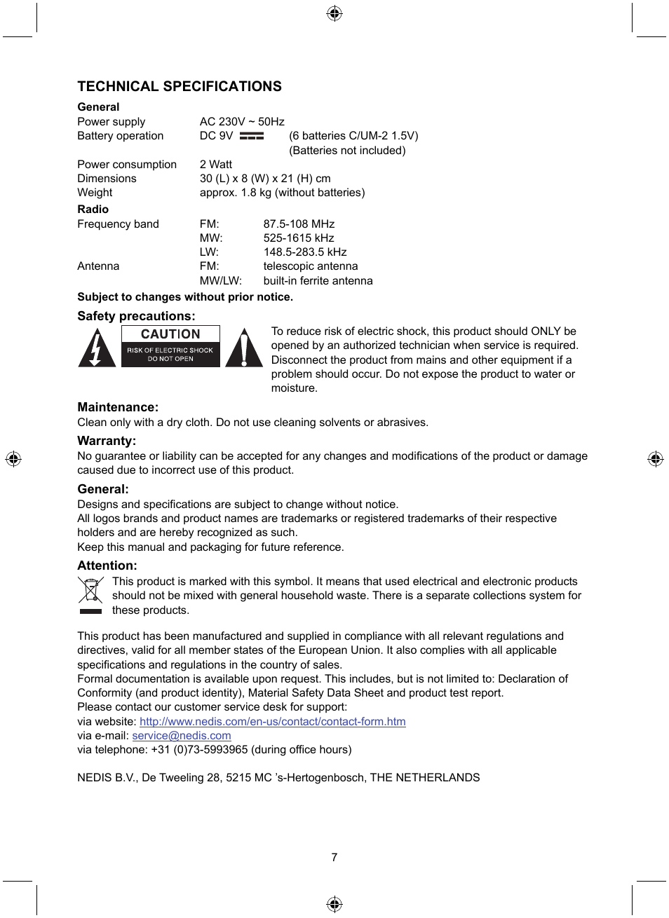 Technical specifications | Konig Electronic Retro design AM/FM radio ivory User Manual | Page 7 / 116