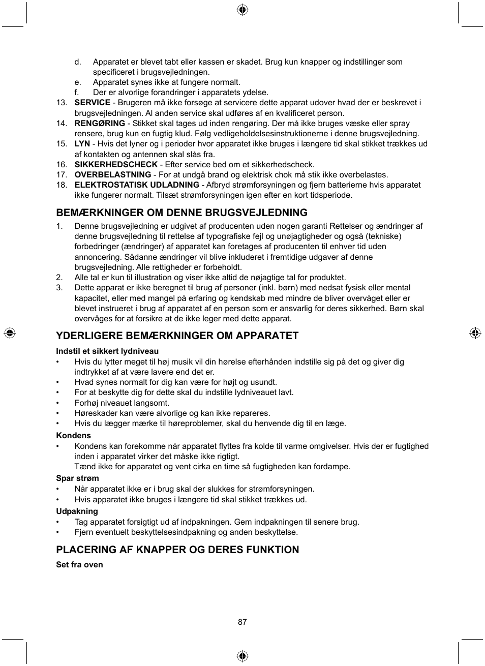 Bemærkninger om denne brugsvejledning, Yderligere bemærkninger om apparatet, Placering af knapper og deres funktion | Konig Electronic Retro design AM/FM radio ivory User Manual | Page 87 / 116